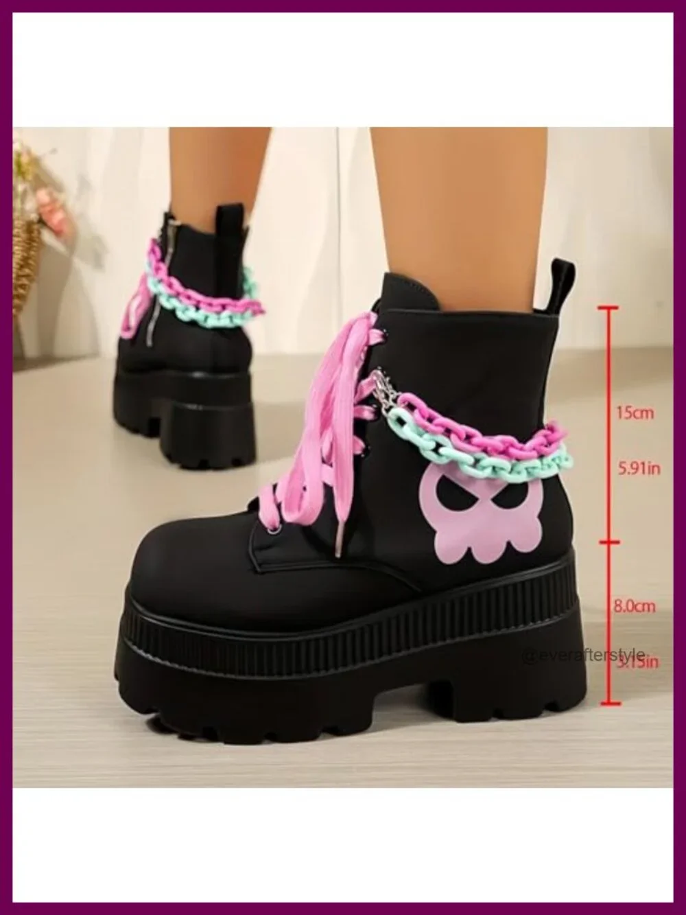 Women's Goth Platform Ankle Boots Bat Wing Buckle Chunky Heels PU Leather Round